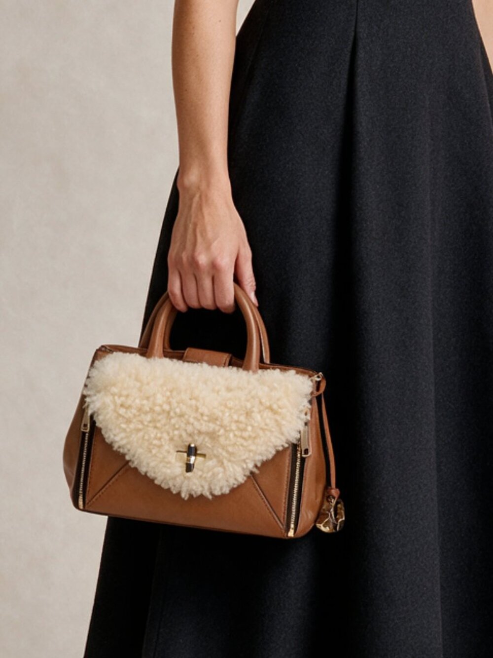DVF Diane von Furstenberg Brown Leather & Cream Shearling Mini Secret Agent Tote
